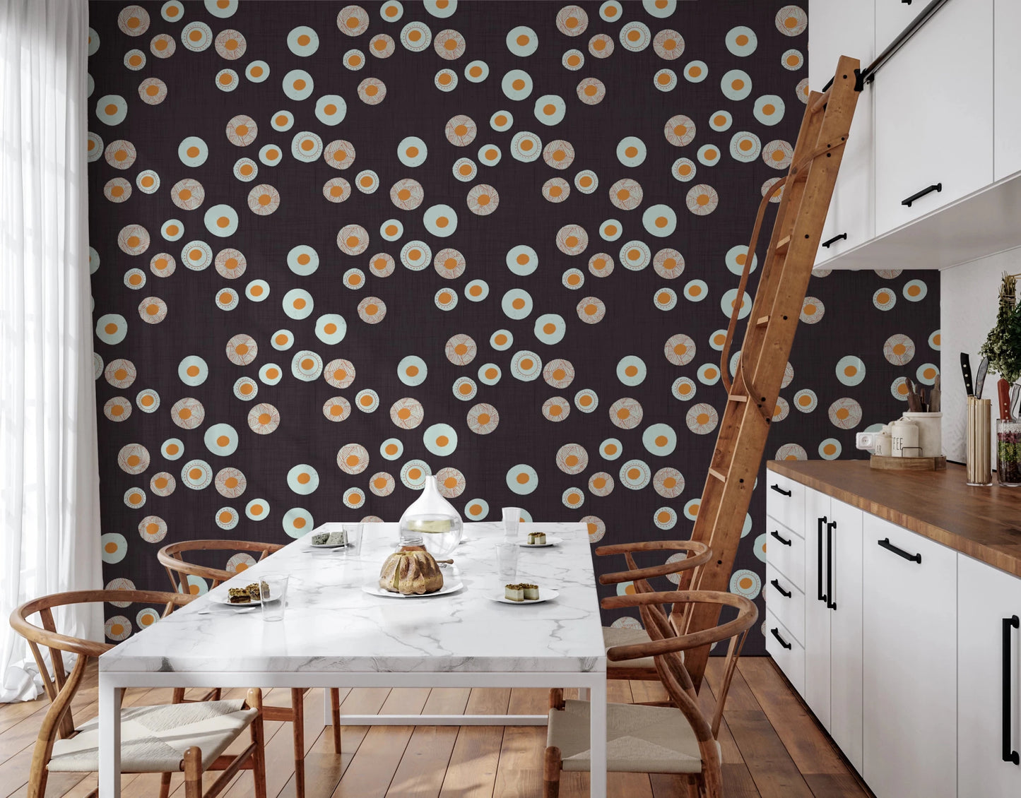 Kitchen corner with Cozy Scandi Folk Dot Floral Charcoal Craft Circle Wallpaper, GD8609