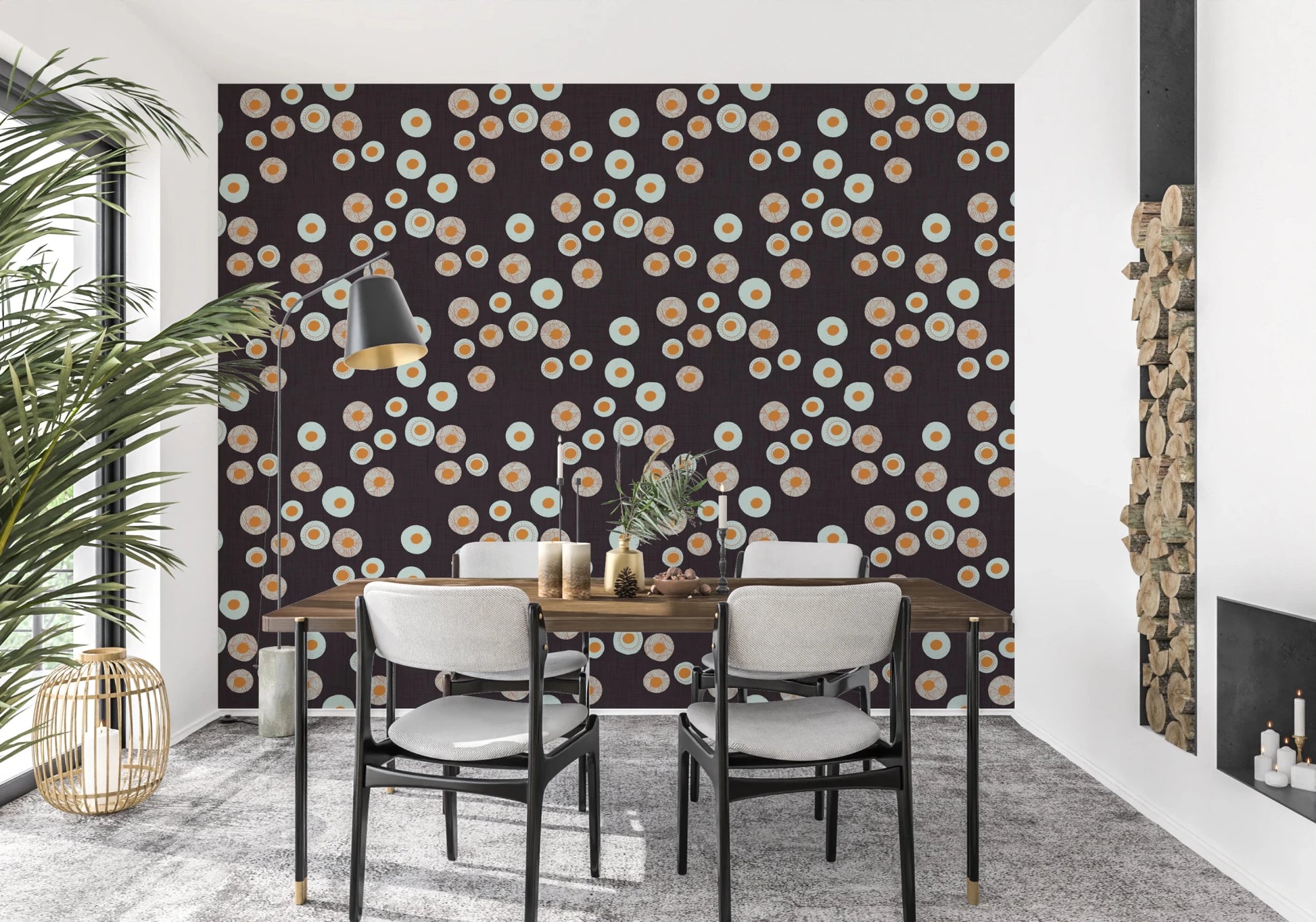 Minimal dining space using Cozy Scandi Folk Dot Floral Charcoal Craft Circle Wallpaper, GD8609