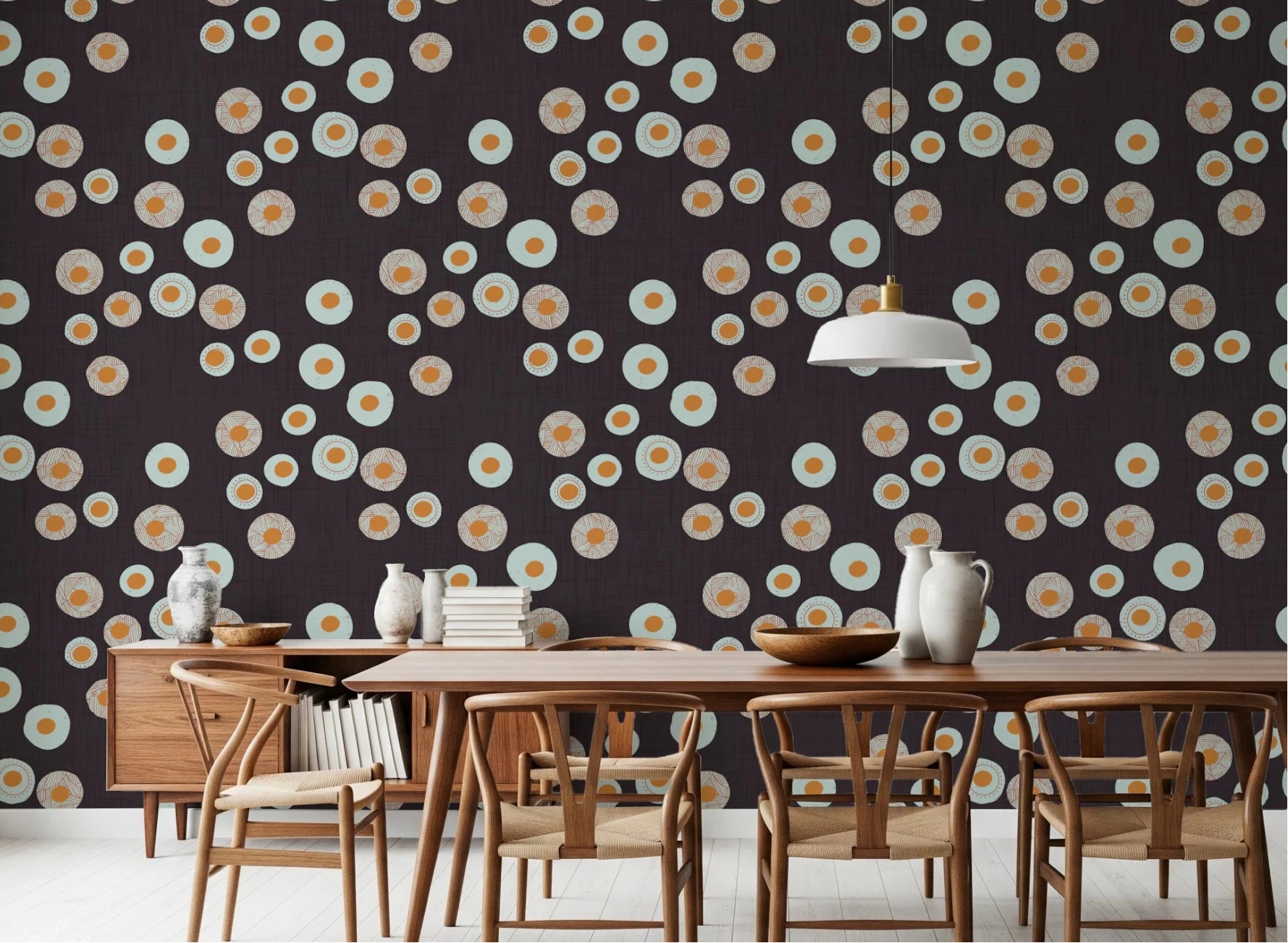 Dining room with Cozy Scandi Folk Dot Floral Charcoal Craft Circle Wallpaper backdrop, GD8609
