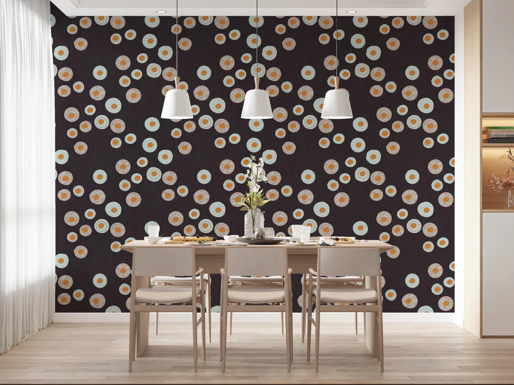Dining styled with Cozy Scandi Folk Dot Floral Charcoal Craft Circle Wallpaper, GD8609