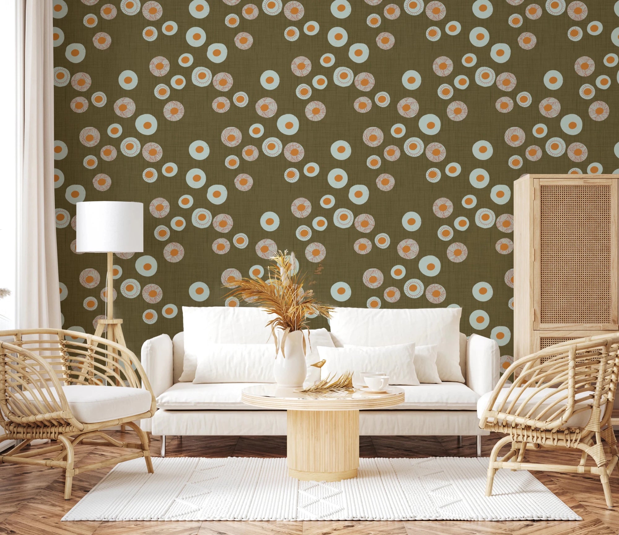 Soft living room styled with earthy olive circle wallpaper and relaxed woven accents, GD8610