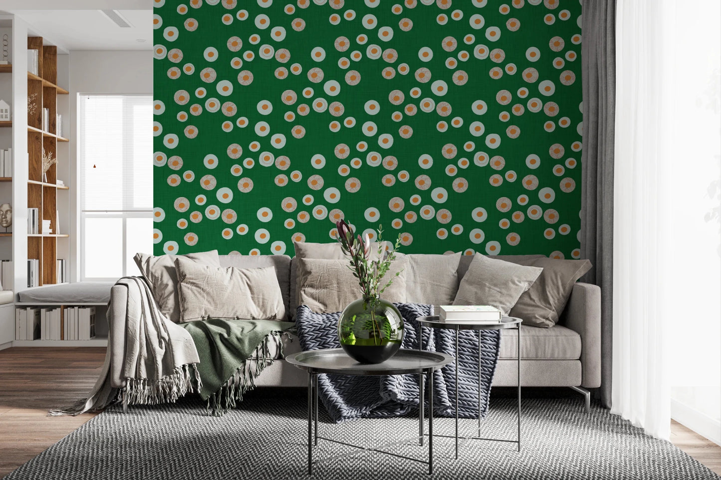 Apartment lounge in Cozy Scandi Folk Dot Floral Forest Green wallpaper style, GD8604