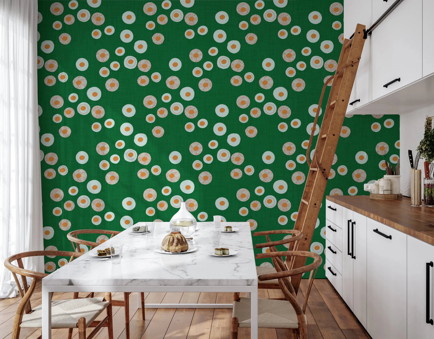 Kitchen nook styled in Cozy Scandi Folk Dot Floral Forest Green circle wallpaper, GD8604