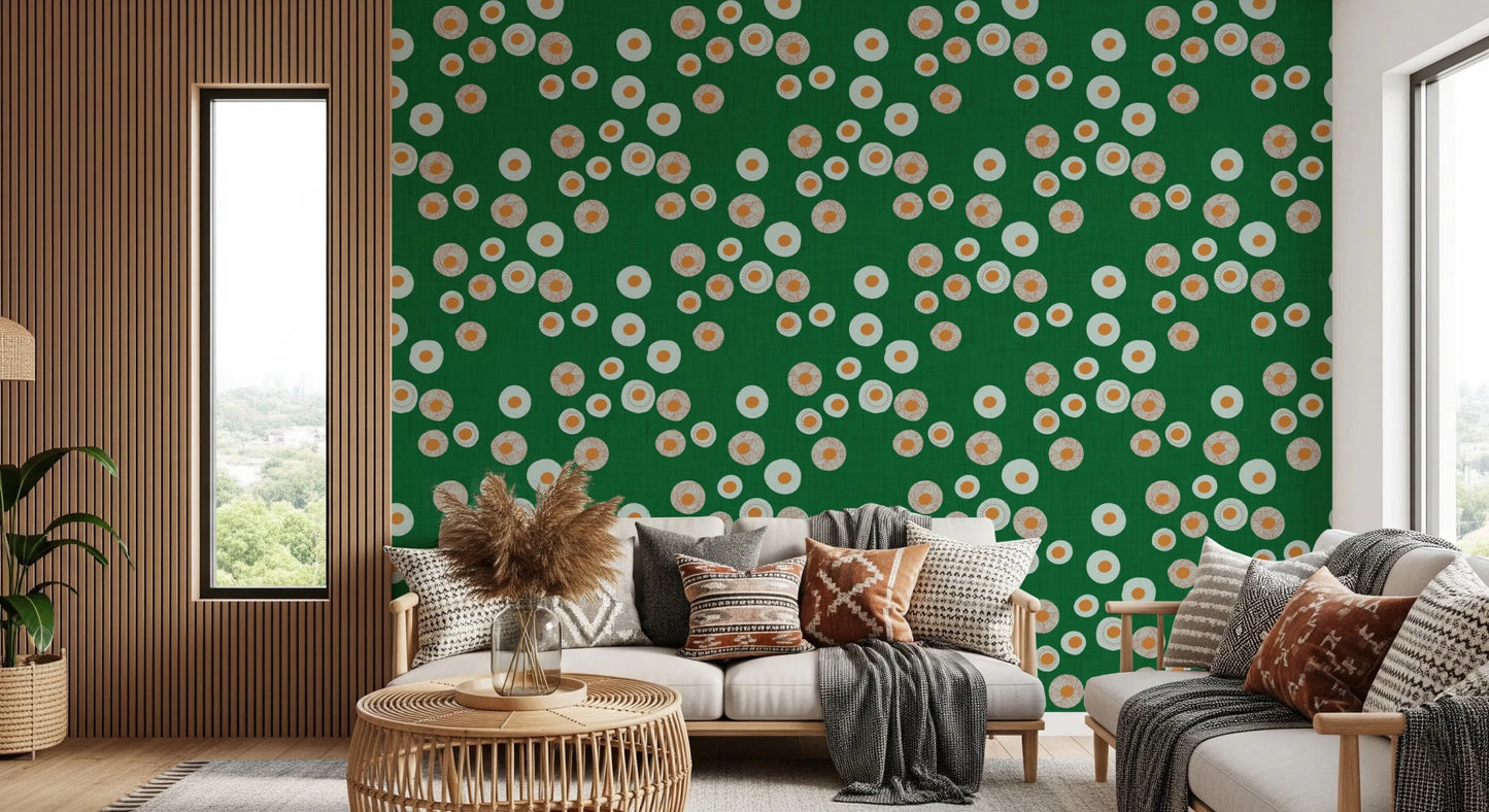 Sitting area framed by Cozy Scandi Folk Dot Floral Forest Green wallpaper, GD8604