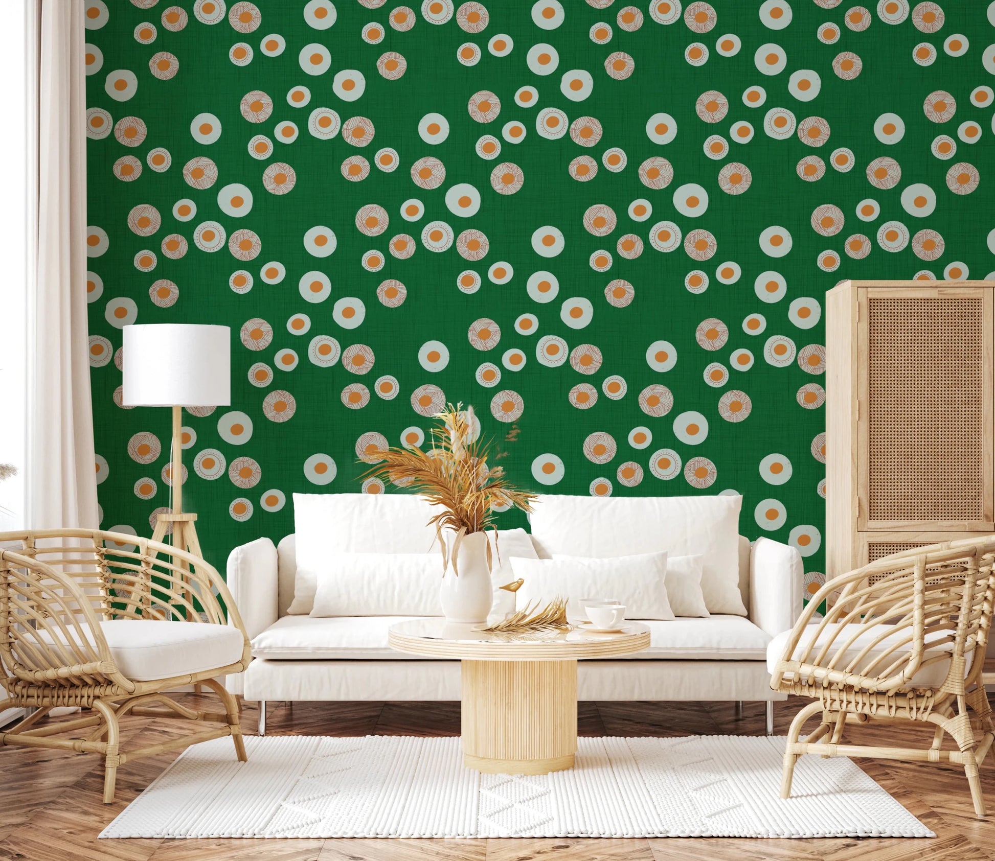 Lounge corner with Cozy Scandi Folk Dot Floral Forest Green wallpaper backdrop, GD8604