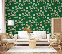 Lounge corner with Cozy Scandi Folk Dot Floral Forest Green wallpaper backdrop, GD8604