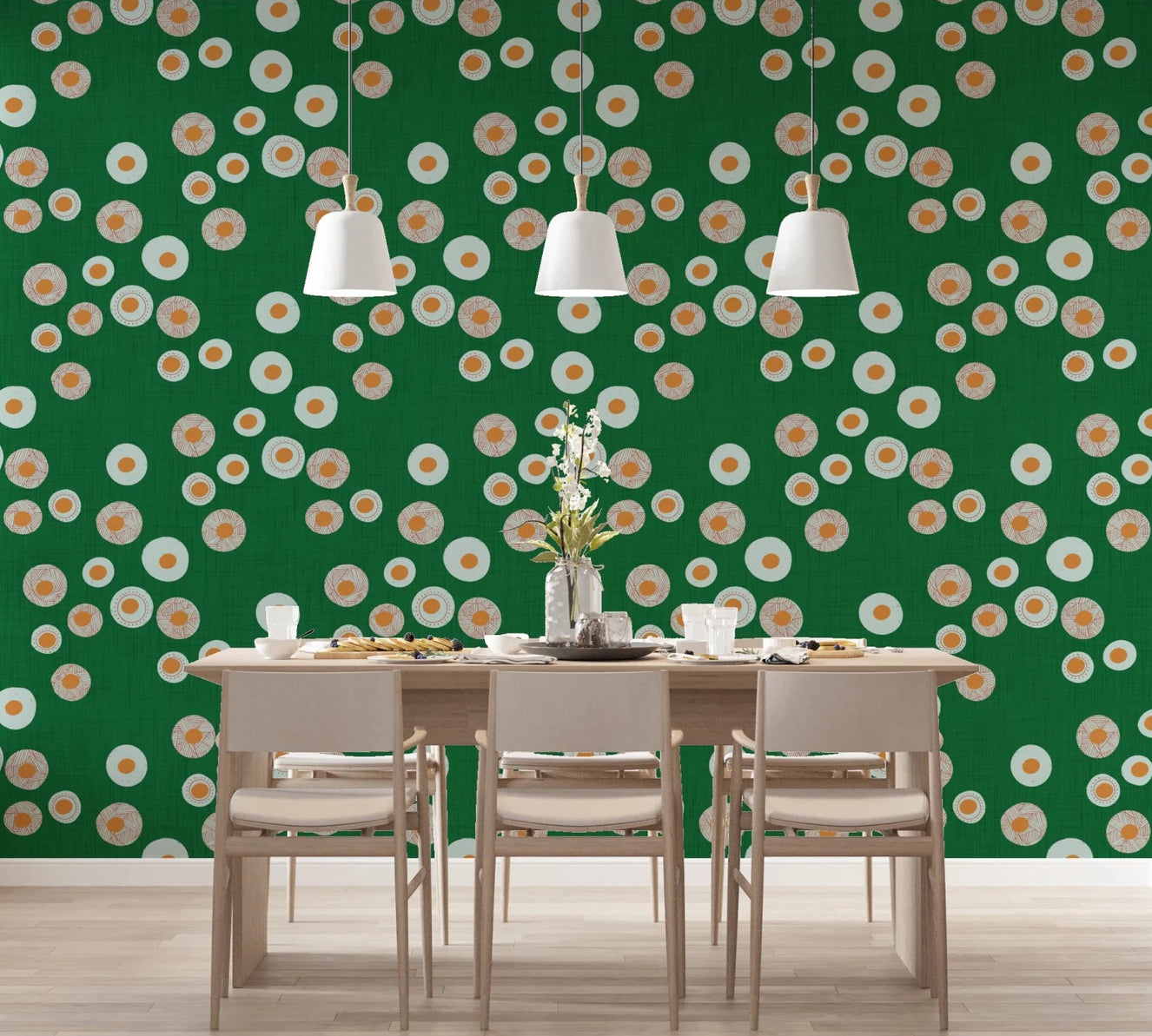 Dining room with Cozy Scandi Folk Dot Floral Forest Green Craft Circle Wallpaper