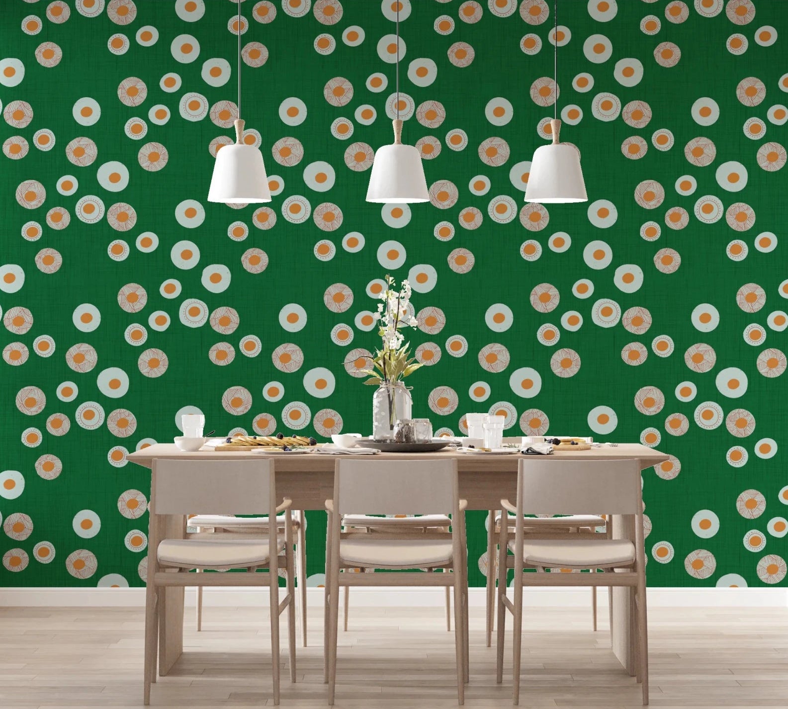Dining room with Cozy Scandi Folk Dot Floral Forest Green Craft Circle Wallpaper, GD8604