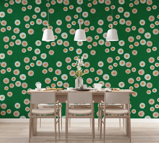 Dining room with Cozy Scandi Folk Dot Floral Forest Green Craft Circle Wallpaper