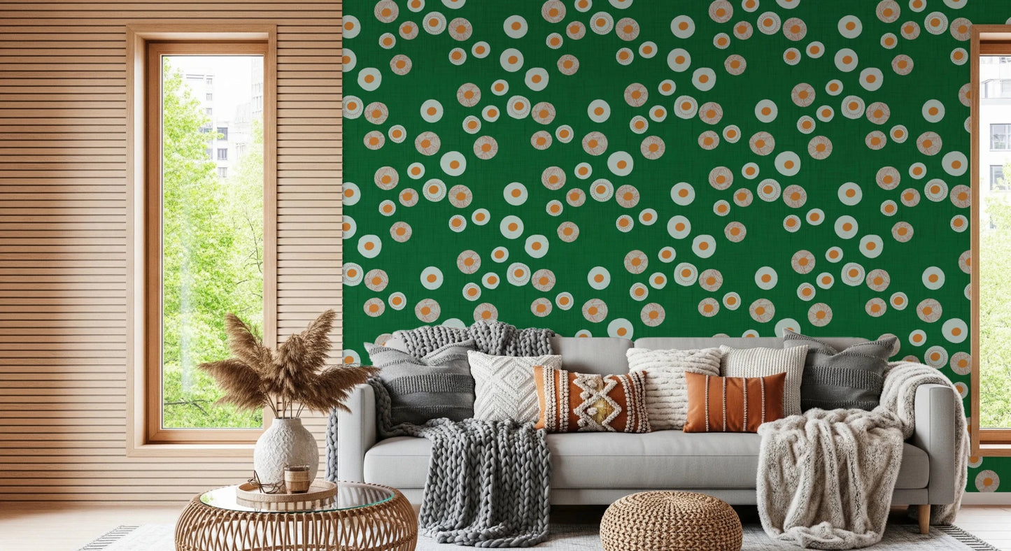 Open living space using Cozy Scandi Folk Dot Floral Forest Green wallpaper, GD8604