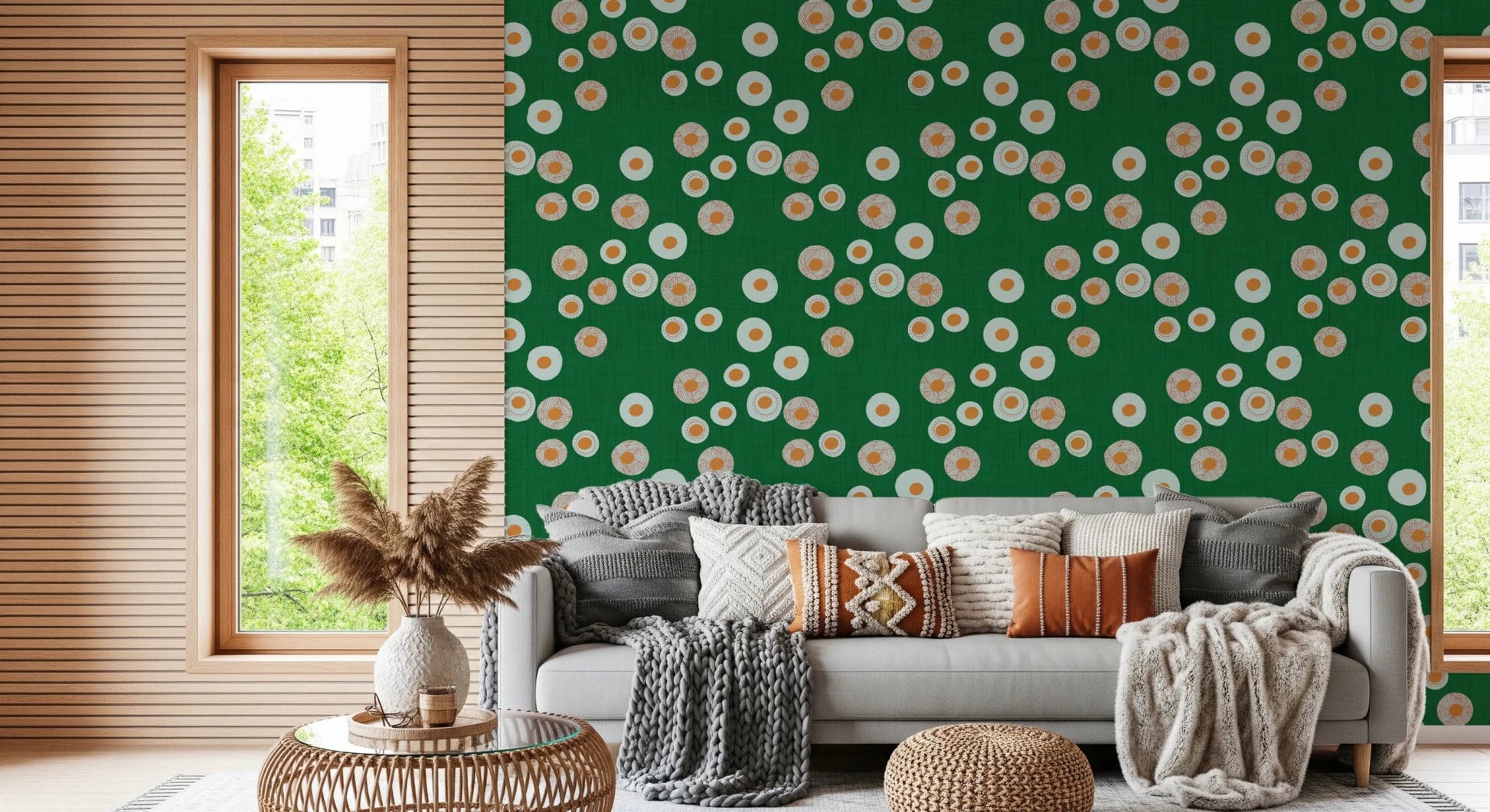 Open living space using Cozy Scandi Folk Dot Floral Forest Green wallpaper, GD8604