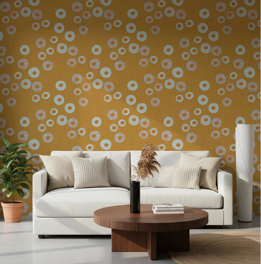 Living room with Cozy Scandi Folk Dot Floral Honey Mustard Craft Circle Wallpaper