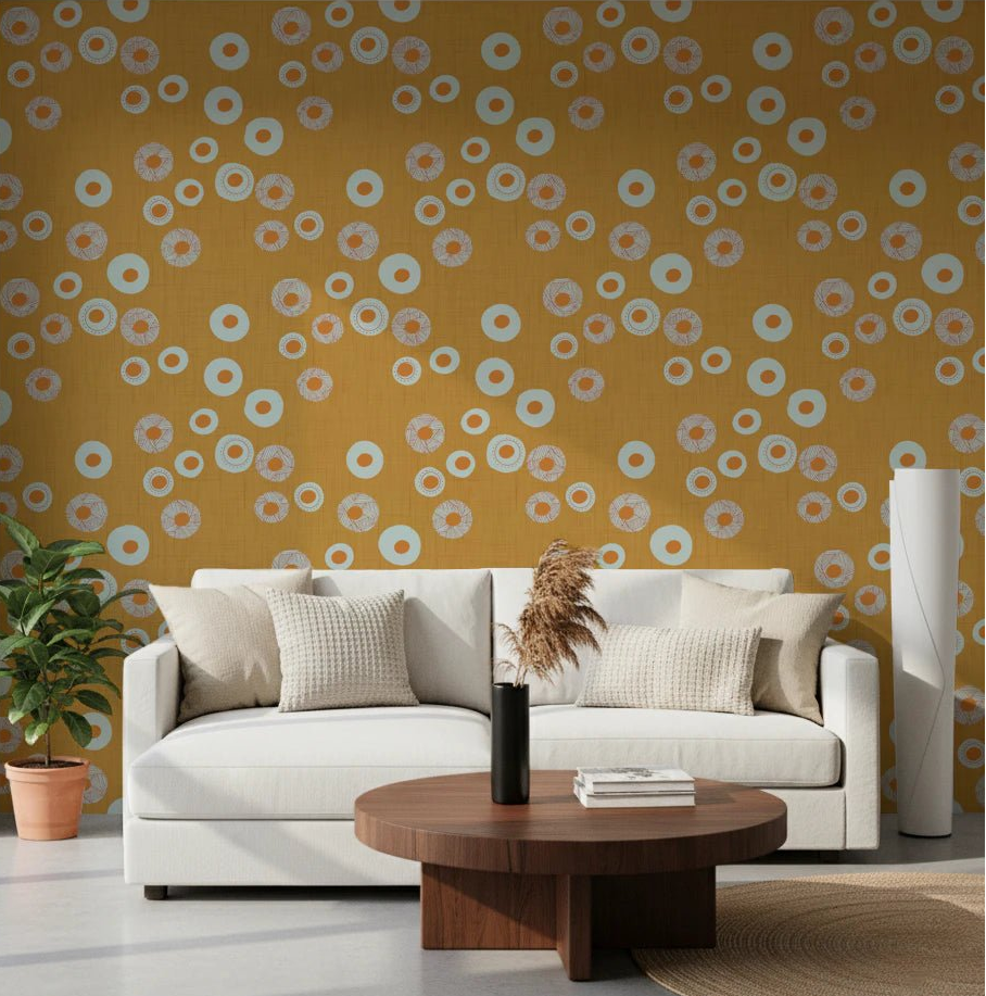 Living room with Cozy Scandi Folk Dot Floral Honey Mustard Craft Circle Wallpaper, GD8605