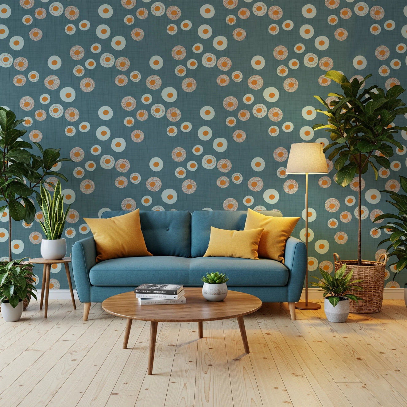 Living room with Cozy Scandi Folk Dot Floral Nordic Blue Grey Craft Circle Wallpaper