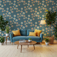 Living room with Cozy Scandi Folk Dot Floral Nordic Blue Grey Craft Circle Wallpaper, GD8606