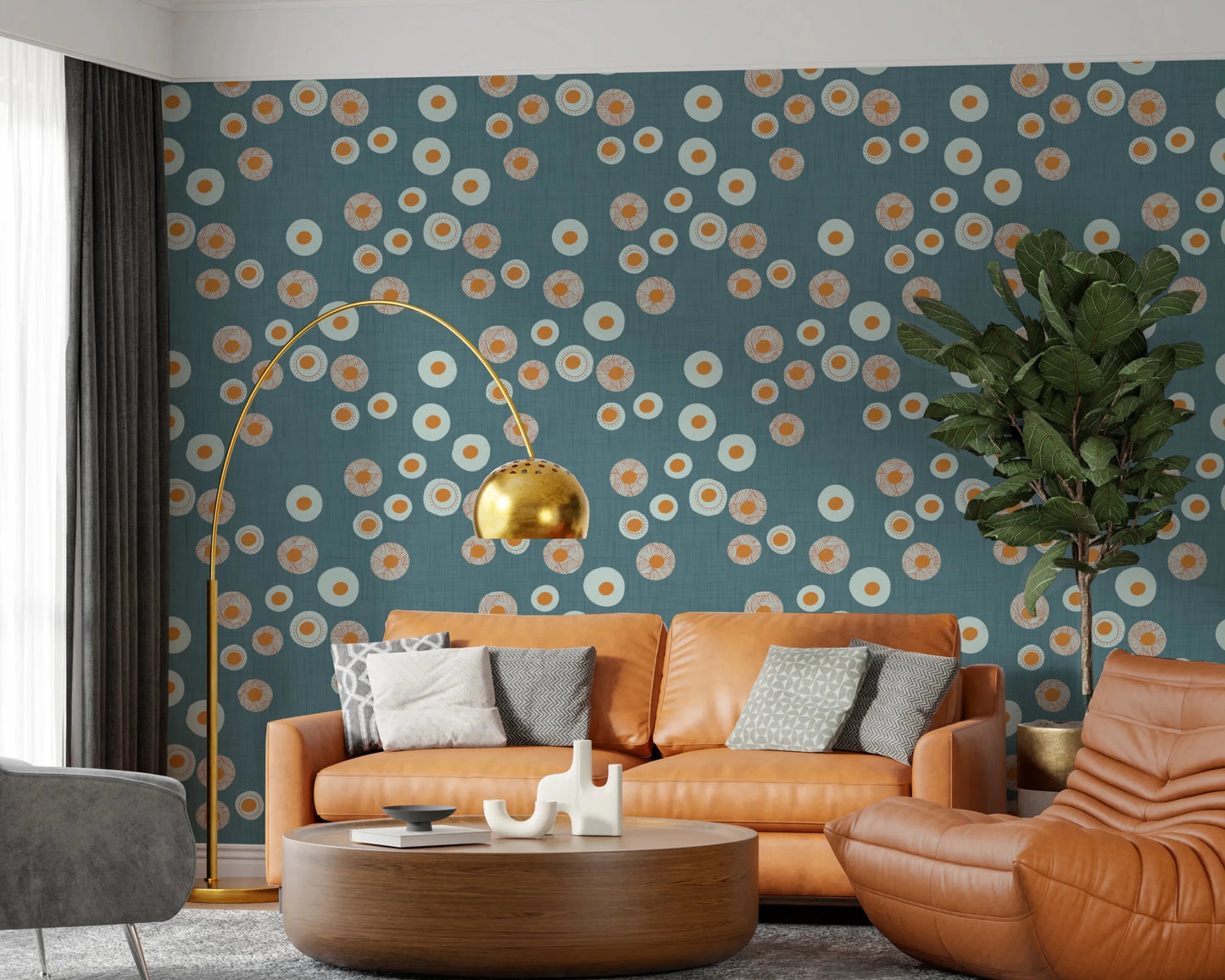 Cozy living space with Cozy Scandi Folk Dot Floral Nordic Blue Grey wallpaper, GD8606