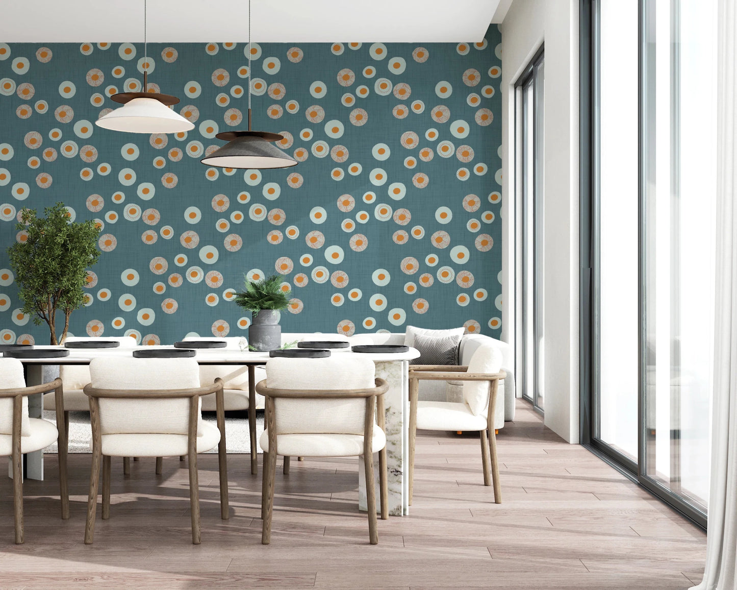 Dining area styled in Cozy Scandi Folk Dot Floral Nordic Blue Grey wallpaper, GD8606