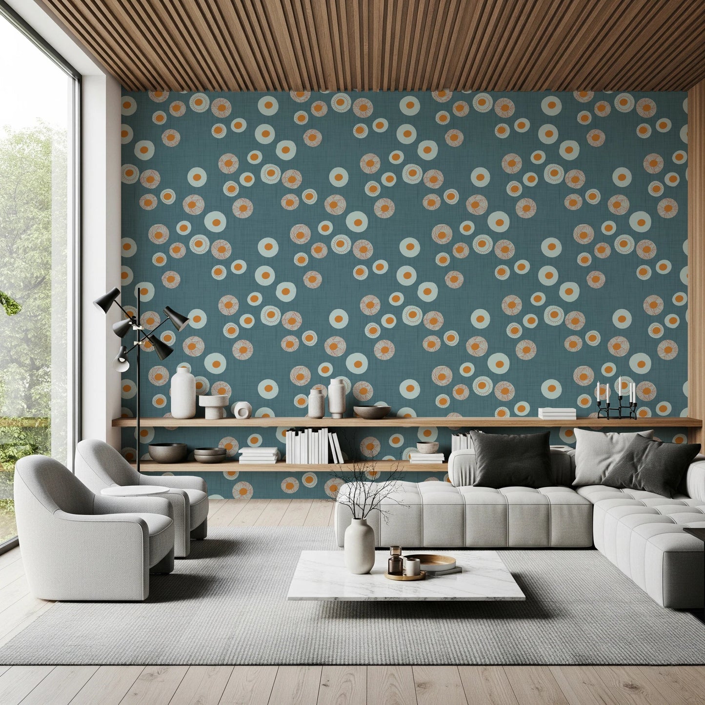 Modern sitting room in Cozy Scandi Folk Dot Floral Nordic Blue Grey wallpaper, GD8606