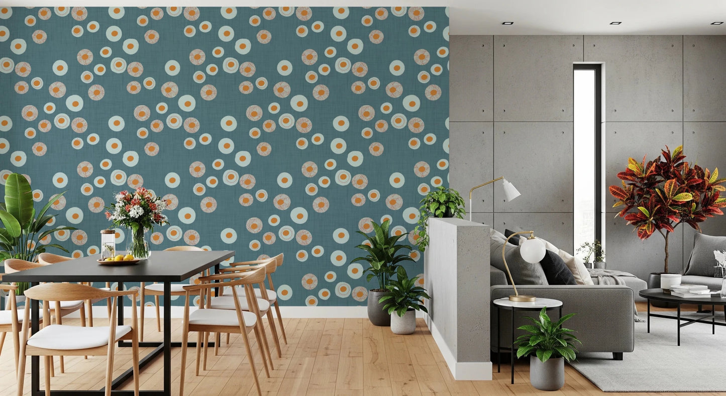 Open dining room with Cozy Scandi Folk Dot Floral Nordic Blue Grey wallpaper, GD8606