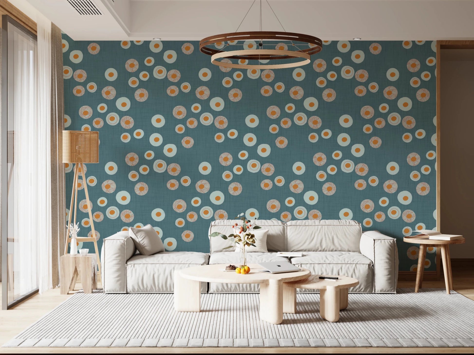 Lounge with Cozy Scandi Folk Dot Floral Nordic Blue Grey circle wallpaper, GD8606