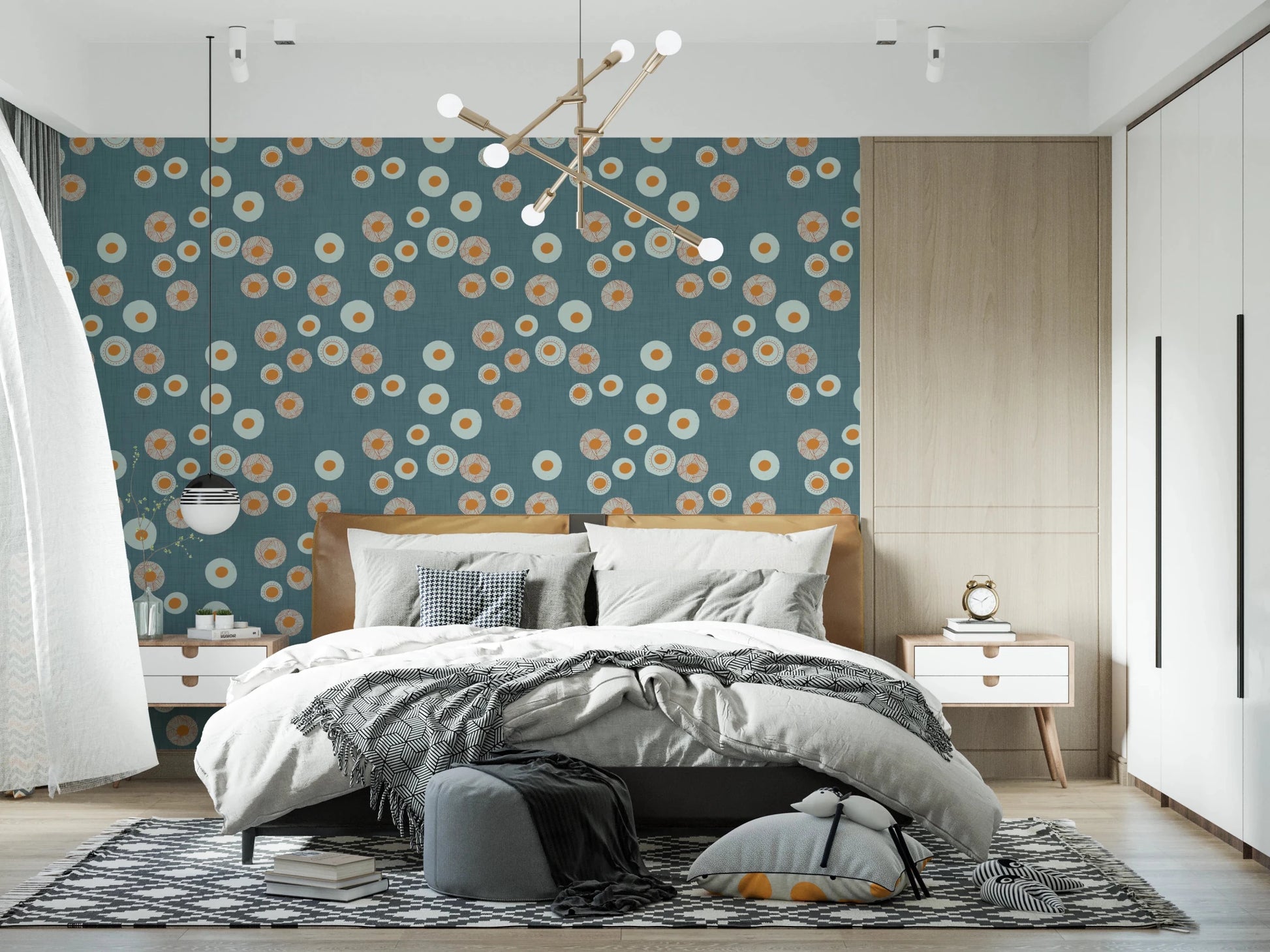 Bedroom backdrop with Cozy Scandi Folk Dot Floral Nordic Blue Grey wallpaper, GD8606