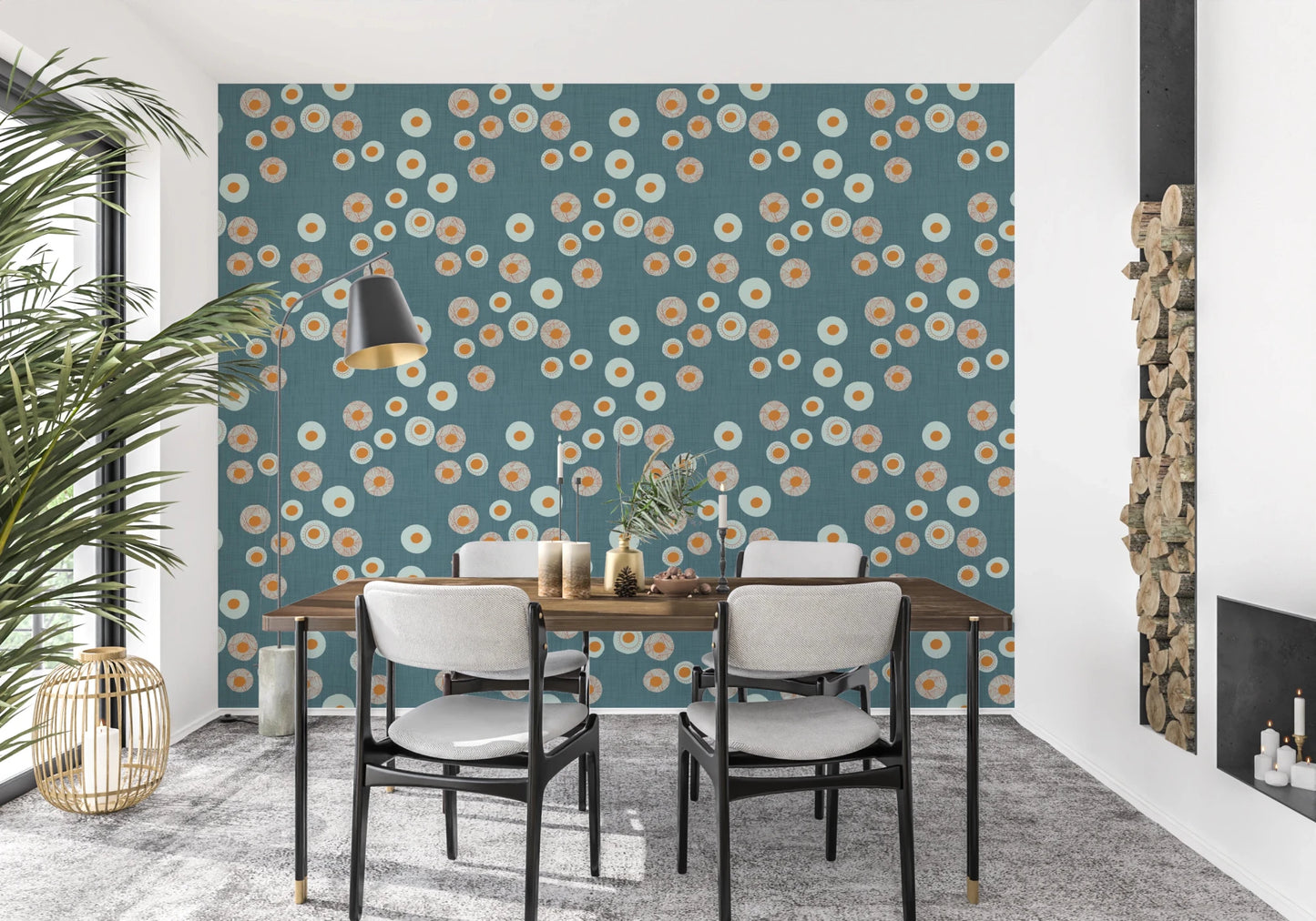 Fireplace dining corner with Cozy Scandi Folk Dot Floral Nordic Blue Grey wallpaper, GD8606