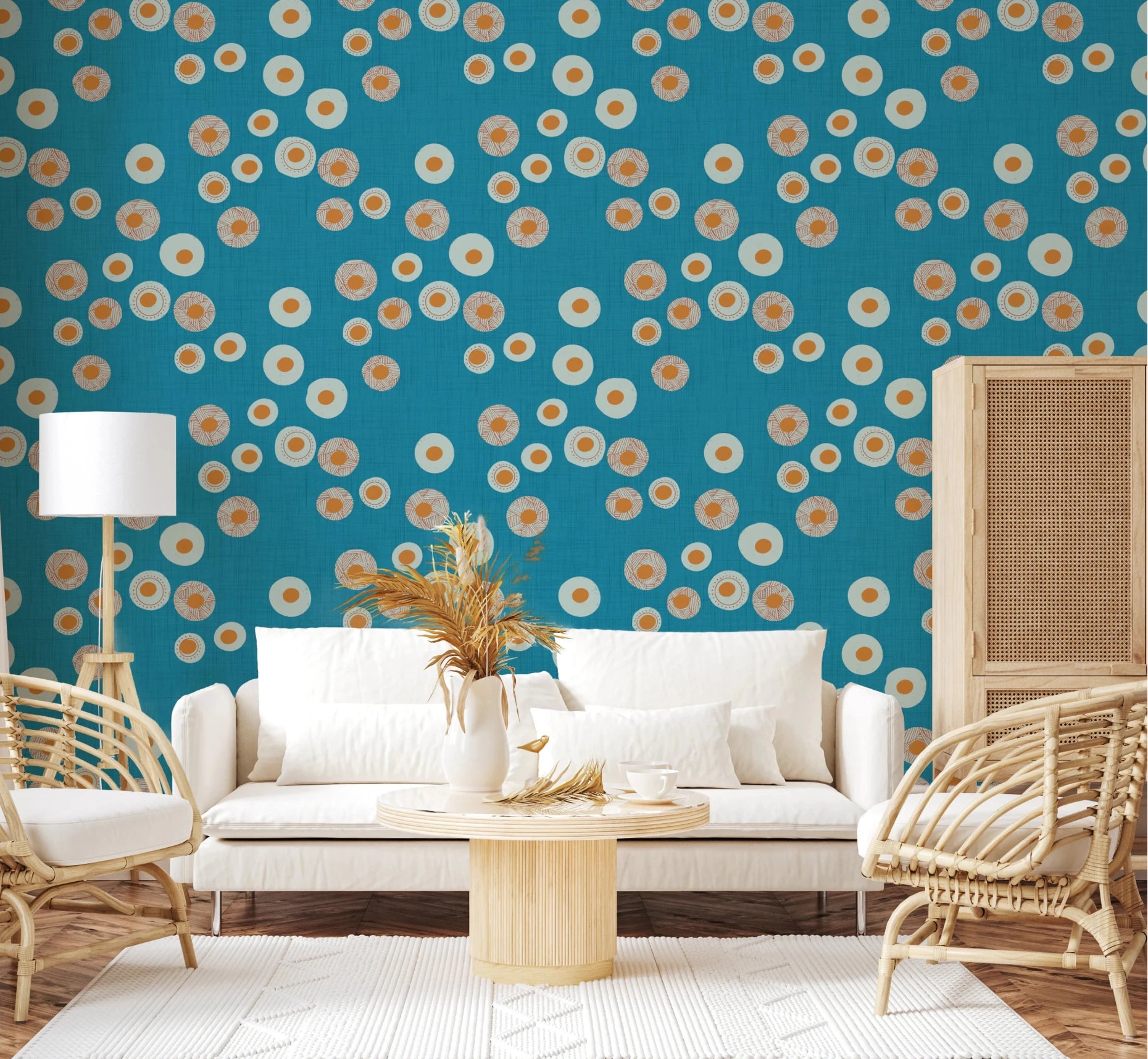 Living room softened by Nordic teal dot wallpaper with airy circles and pale wood tones, GD8607