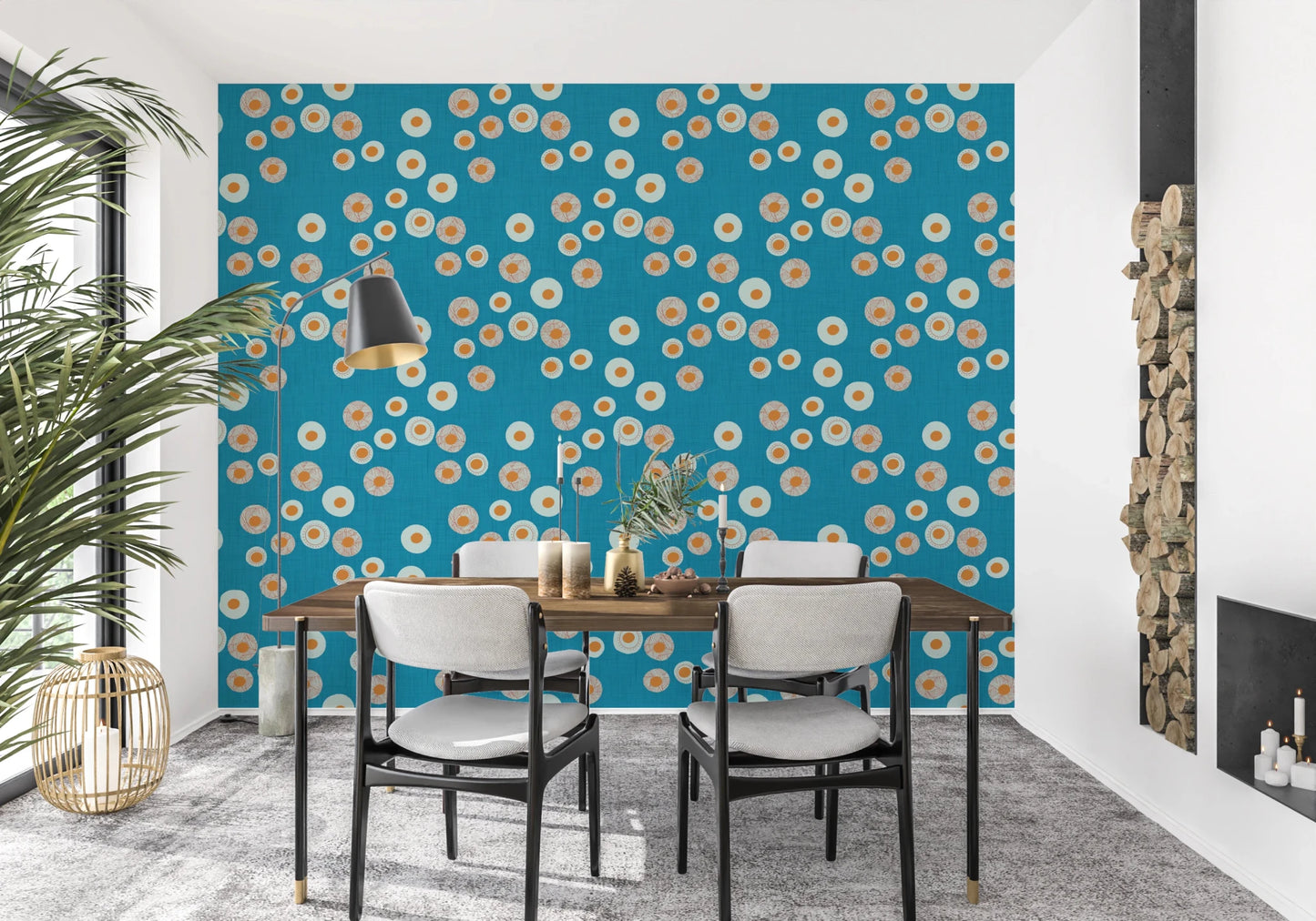 Dining corner balanced by teal folk circles and a light handcrafted rhythm, GD8607