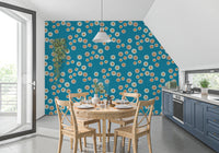 Sloped dining space styled with Nordic teal wallpaper and soft retro dot movement, GD8607
