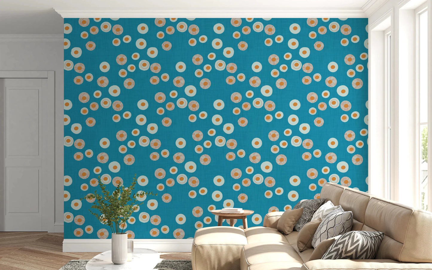 Relaxed seating nook framed by scattered dots across a lively blue-green surface, GD8607
