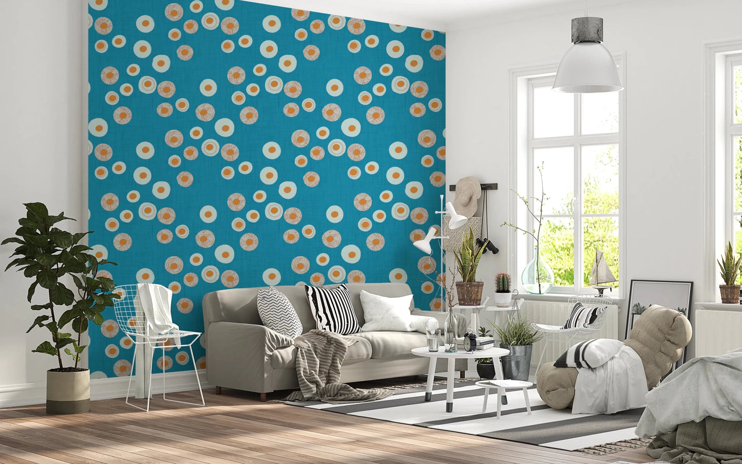 Sunlit lounge refreshed by layered circles on a woven-look teal background wall, GD8607
