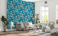 Sunlit lounge refreshed by layered circles on a woven-look teal background wall, GD8607