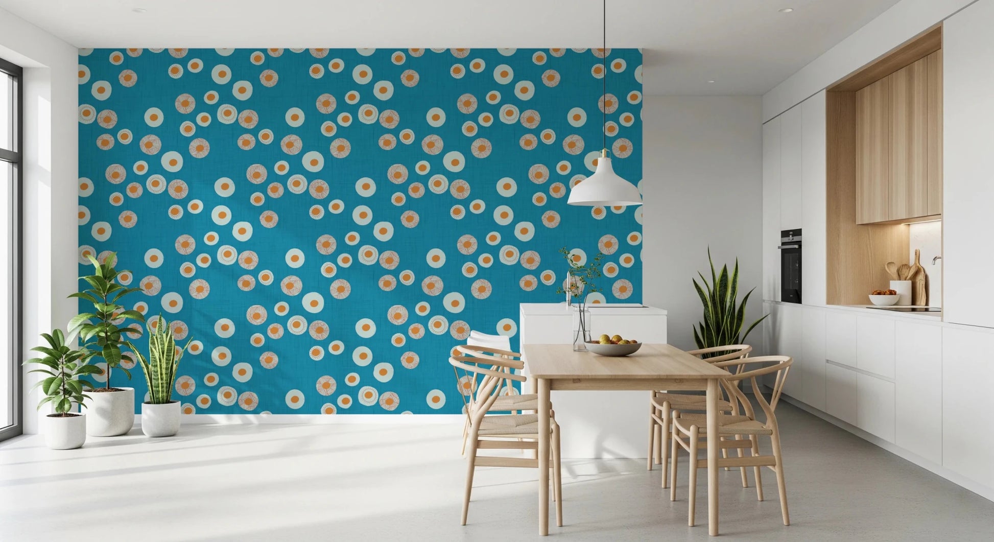Open breakfast zone shaped by round motifs on a crisp blue textured finish, GD8607