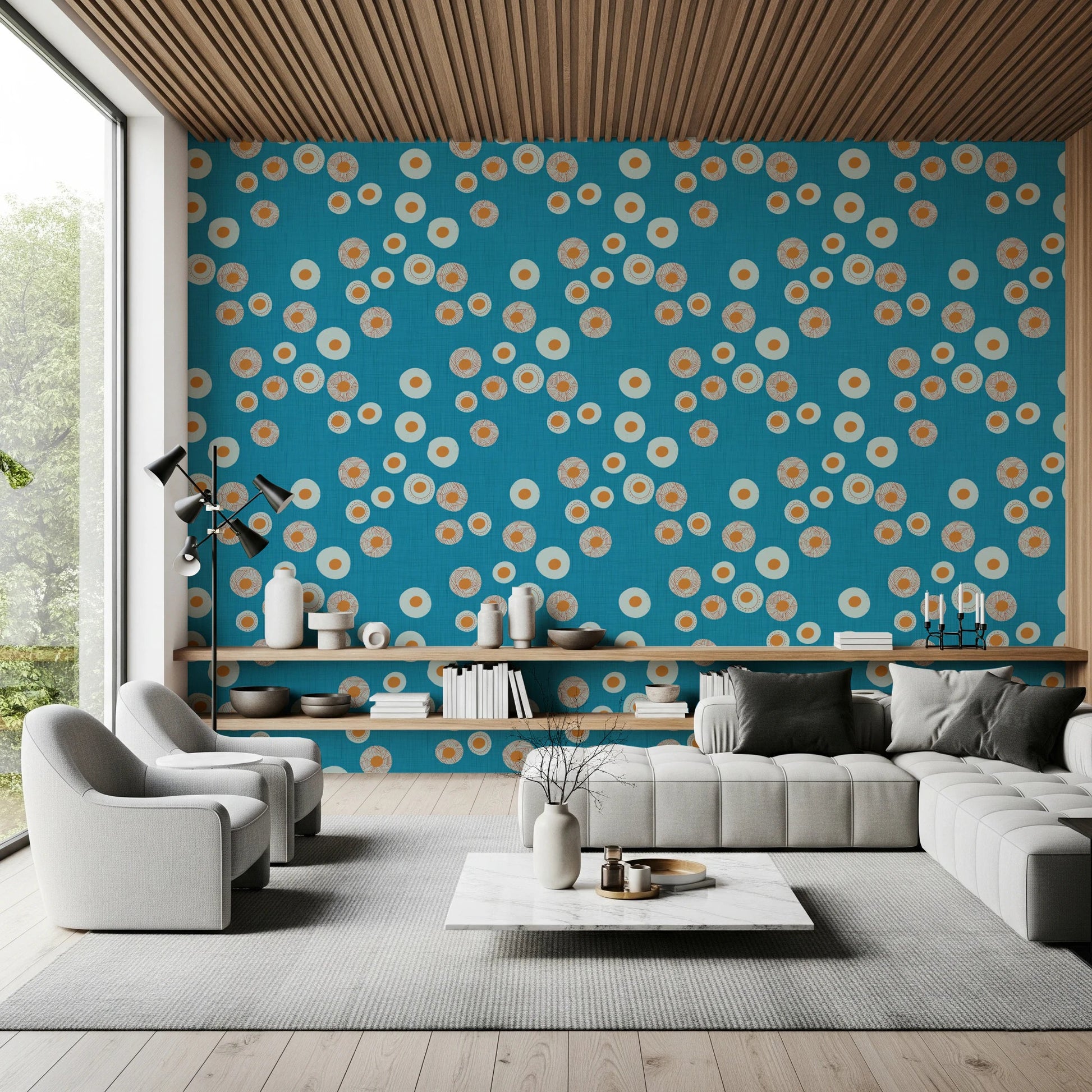 Statement seating featuring cheerful circles on a rich teal Scandinavian base, GD8607