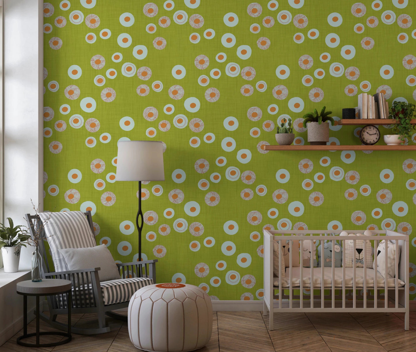Nursery room softened by Cozy Scandi Folk Dot Floral Olive Chartreuse wallpaper, GD8600