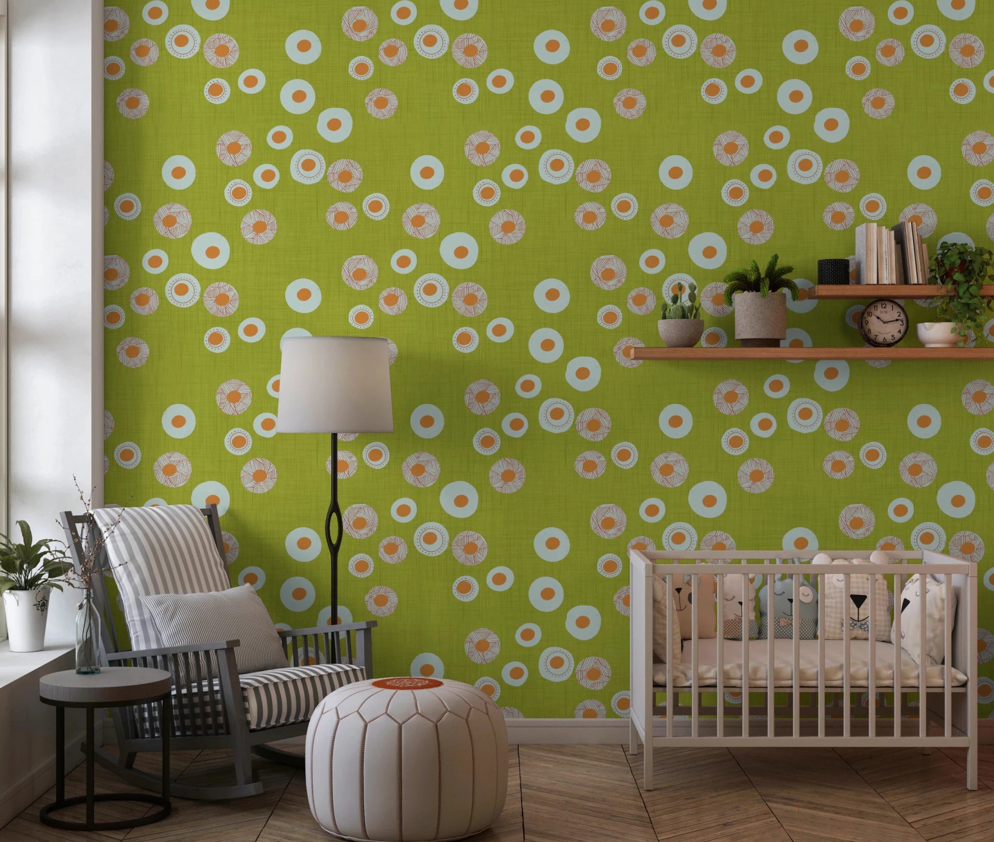 Nursery room softened by Cozy Scandi Folk Dot Floral Olive Chartreuse wallpaper, GD8600
