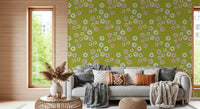 Rustic sitting nook framed by Cozy Scandi Folk Dot Floral Olive Chartreuse wallpaper, GD8600