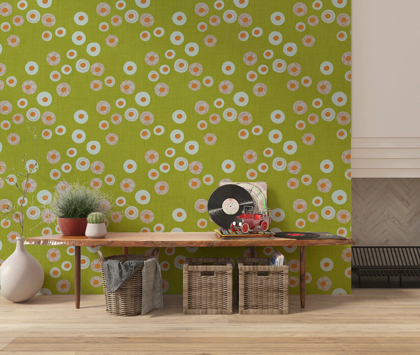 Console corner featuring Olive Chartreuse craft circle wallpaper in a cheerful finish, GD8600