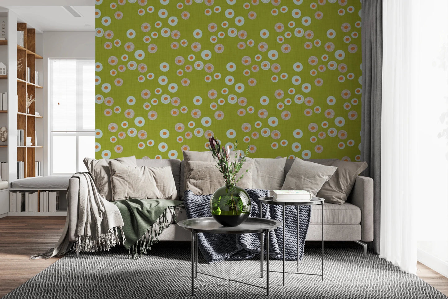 Living corner finished with Cozy Scandi Folk Dot Floral Olive Chartreuse wallpaper, GD8600