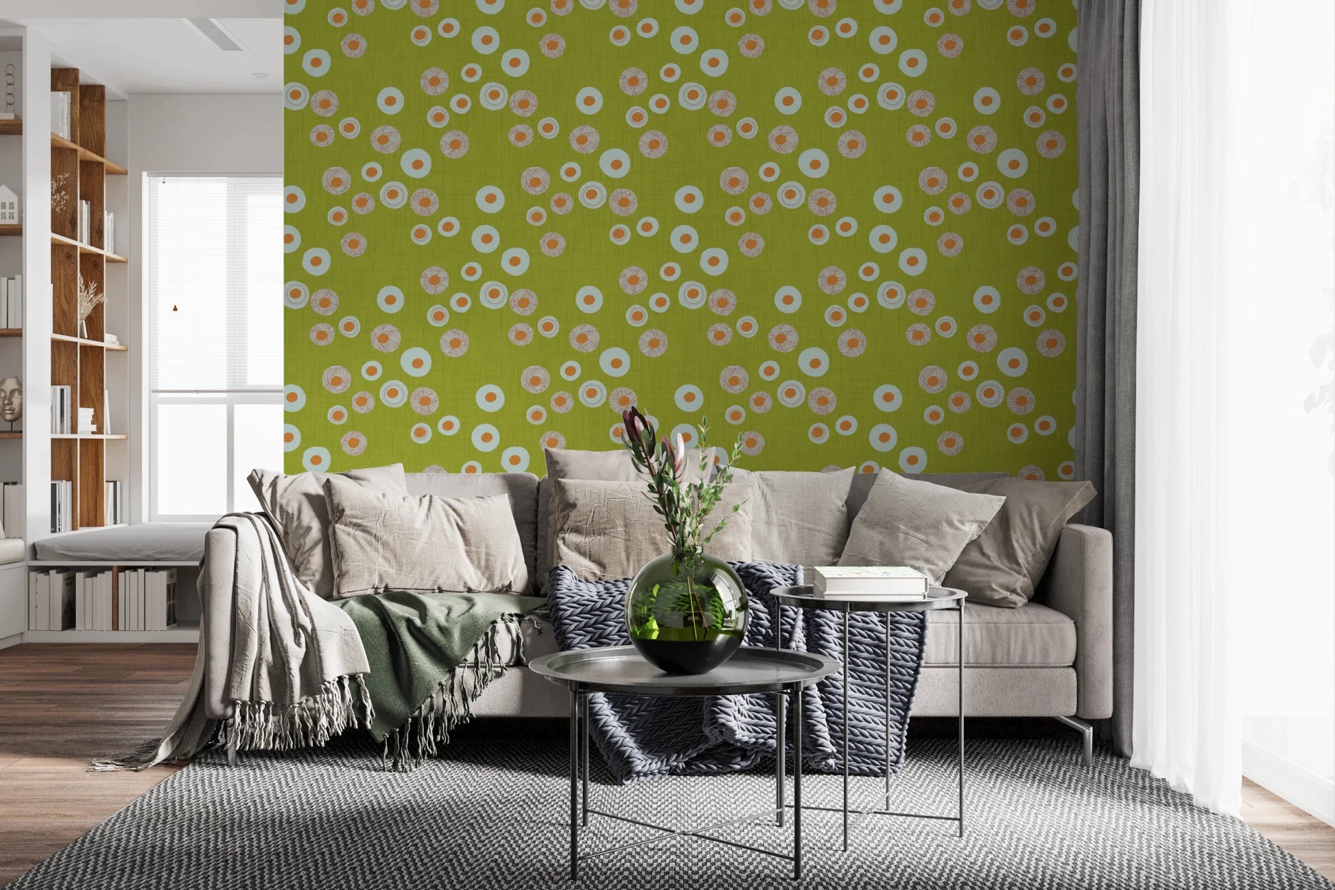 Living corner finished with Cozy Scandi Folk Dot Floral Olive Chartreuse wallpaper, GD8600