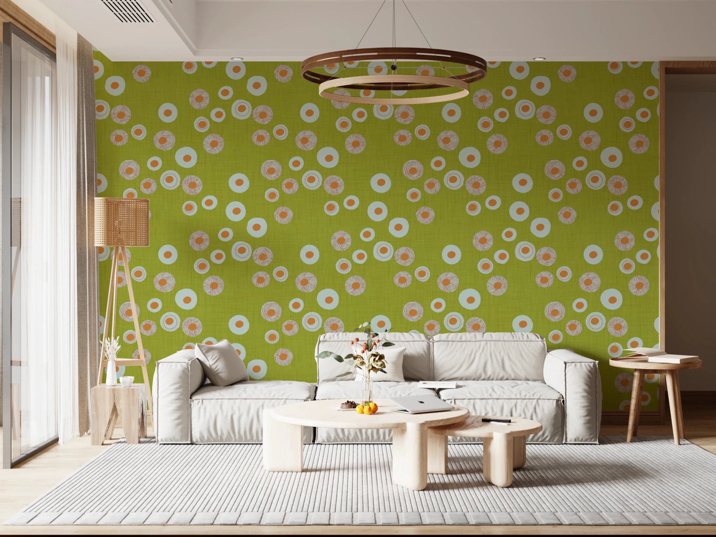 This modern lounge gains warmth from the olive chartreuse dotted circle pattern, GD8600