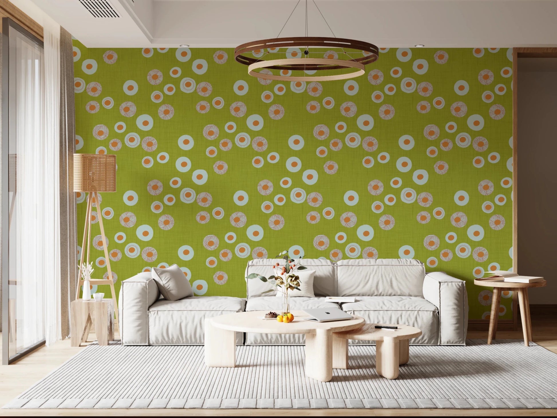 This modern lounge gains warmth from the olive chartreuse dotted circle pattern, GD8600