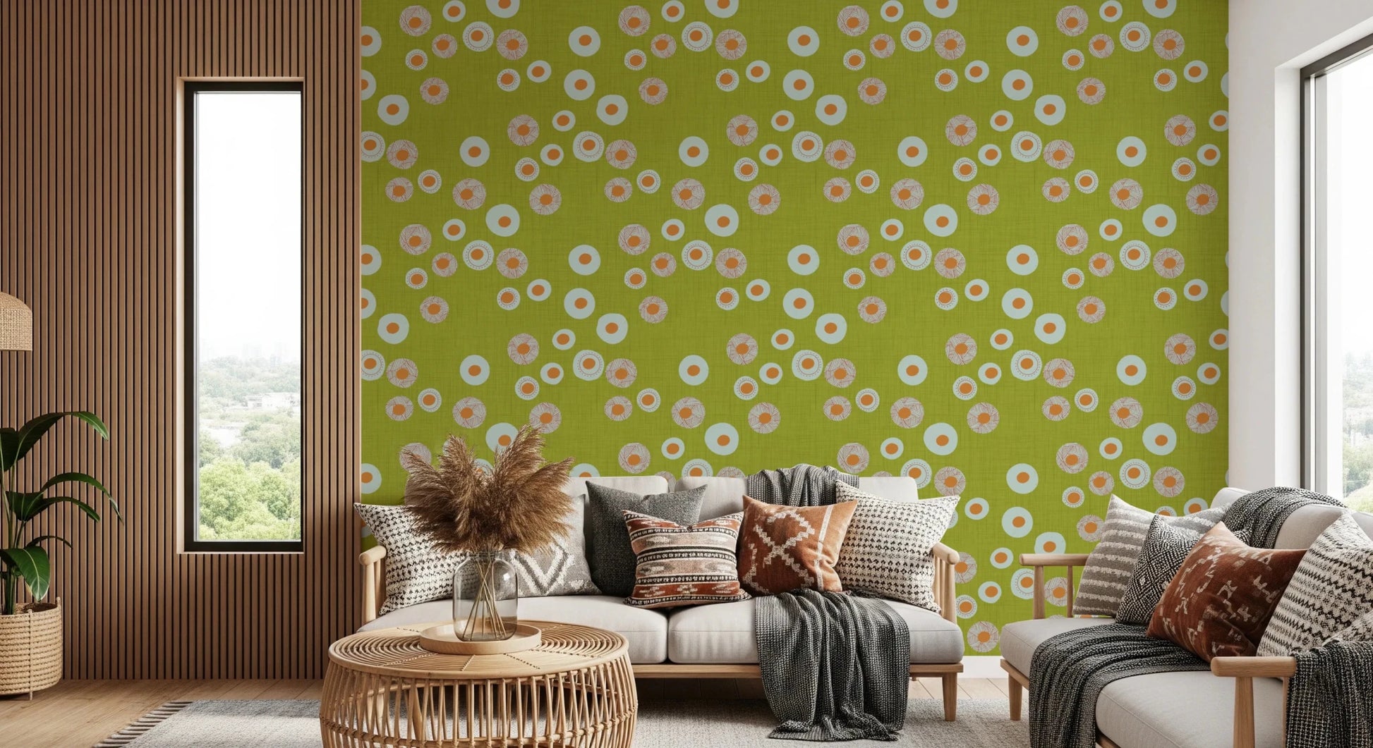 Window-side nook styled in Cozy Scandi Folk Dot Floral Olive Chartreuse wallpaper, GD8600