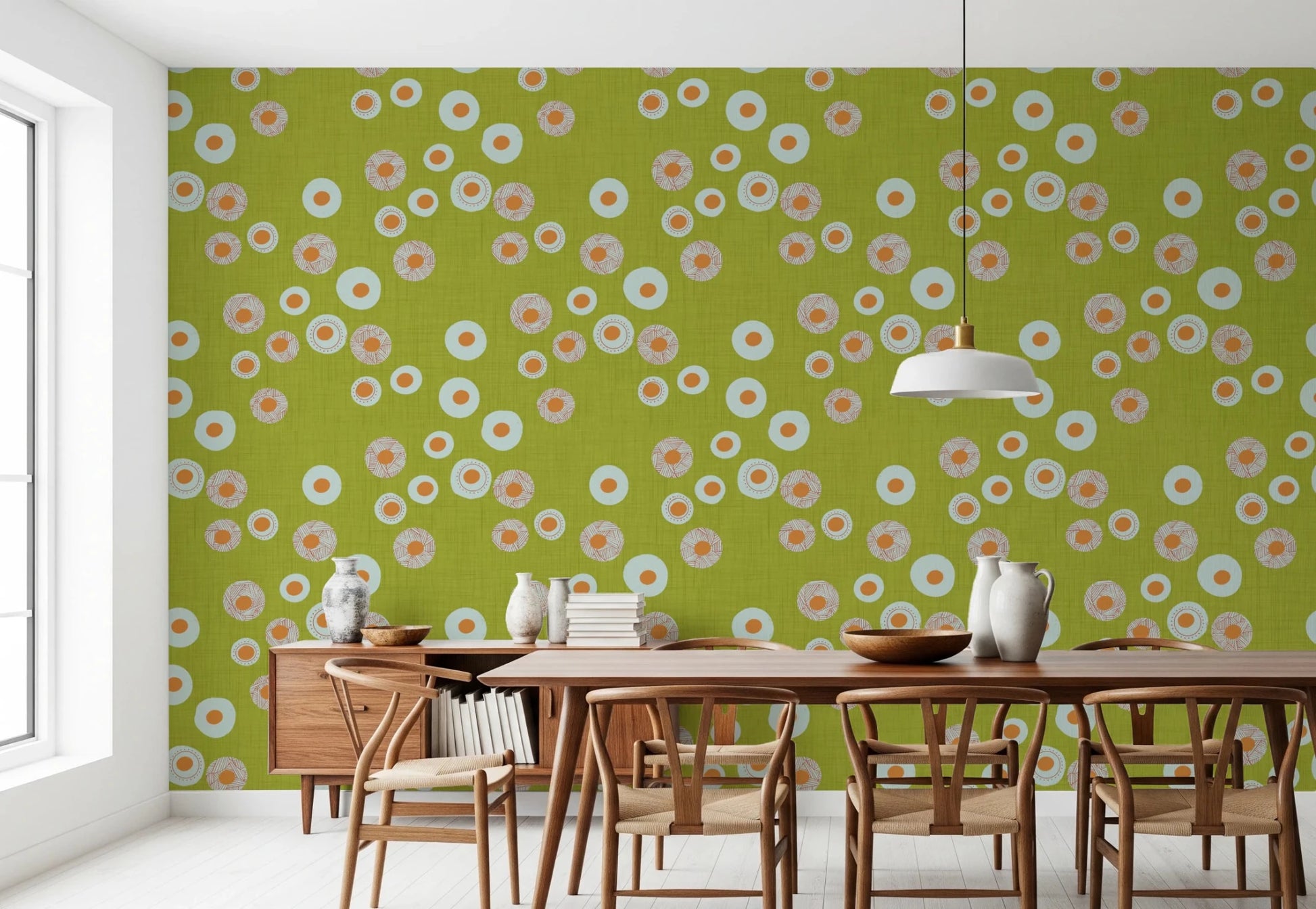 A long dining setup feels brighter with this olive chartreuse craft circle wallpaper, GD8600