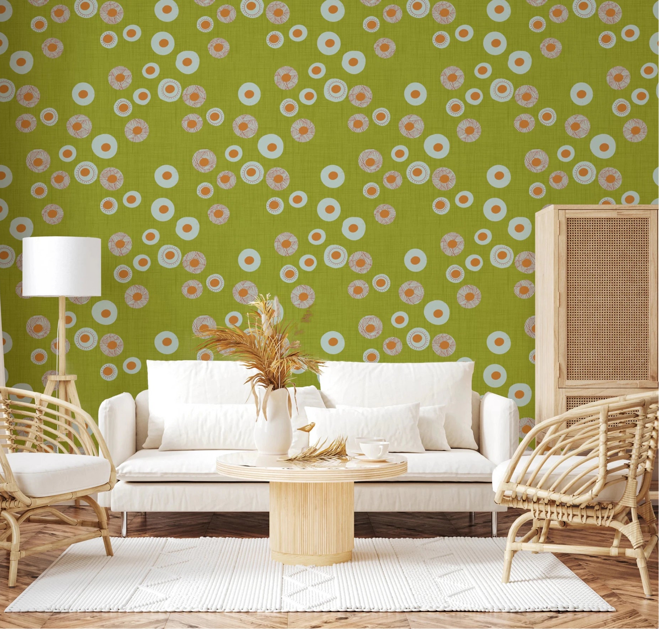 Woven seating and soft light pair beautifully with this olive chartreuse lounge wallpaper