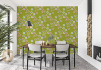 Dining area styled with Cozy Scandi Folk Dot Floral Olive Chartreuse wallpaper wall, GD8600