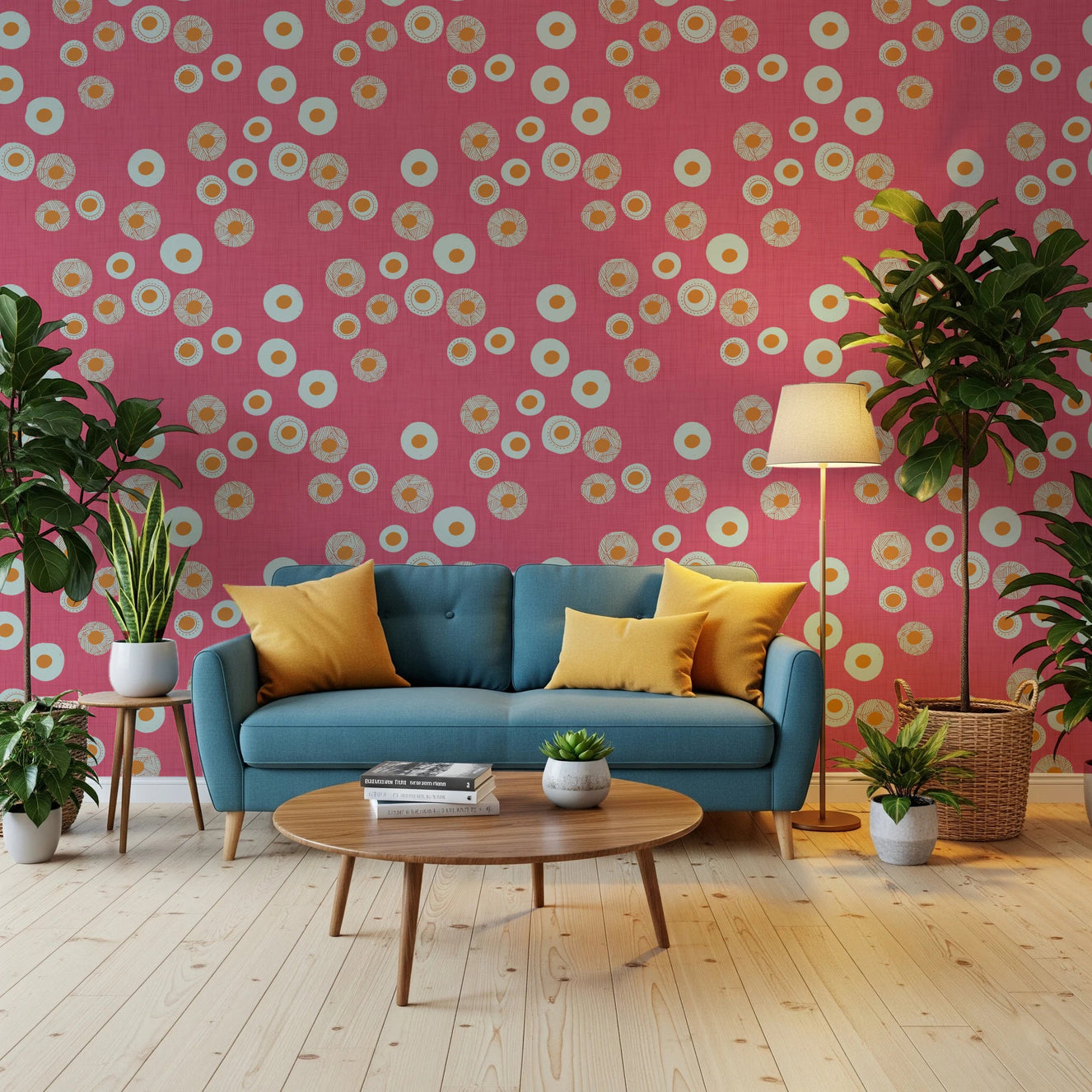 Living room with Cozy Scandi Folk Dot Floral Rose Clay wallpaper and a teal sofa