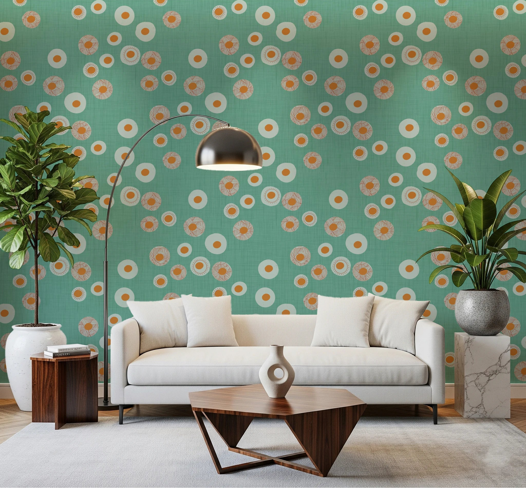 Bright living room lifted by Cozy Scandi Folk Dot Floral Sage Mint circle wallpaper, GD8602