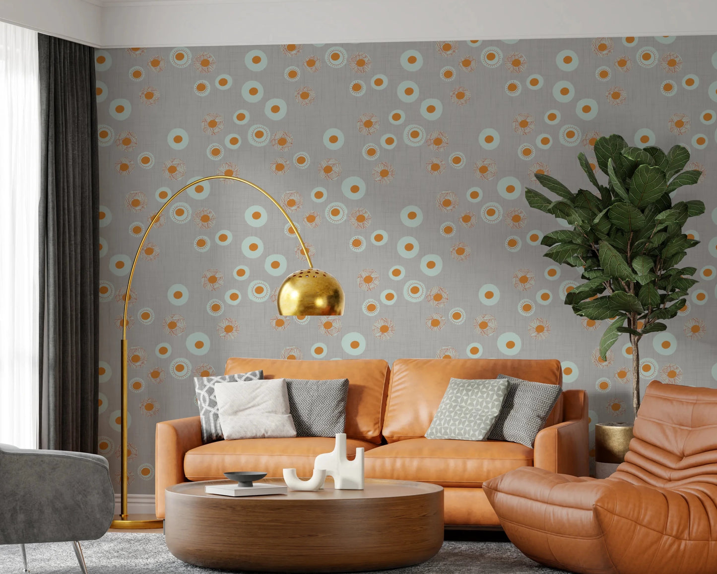 Cozy sofa arrangement balanced by pale rings and an easygoing Scandinavian feel