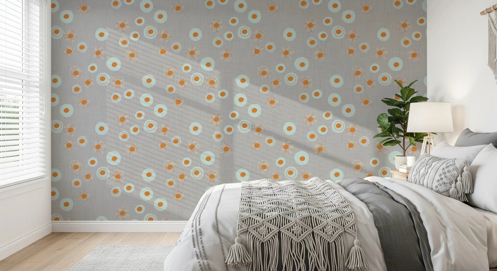 Bedroom backdrop softened by layered circular motifs on a light textured surface